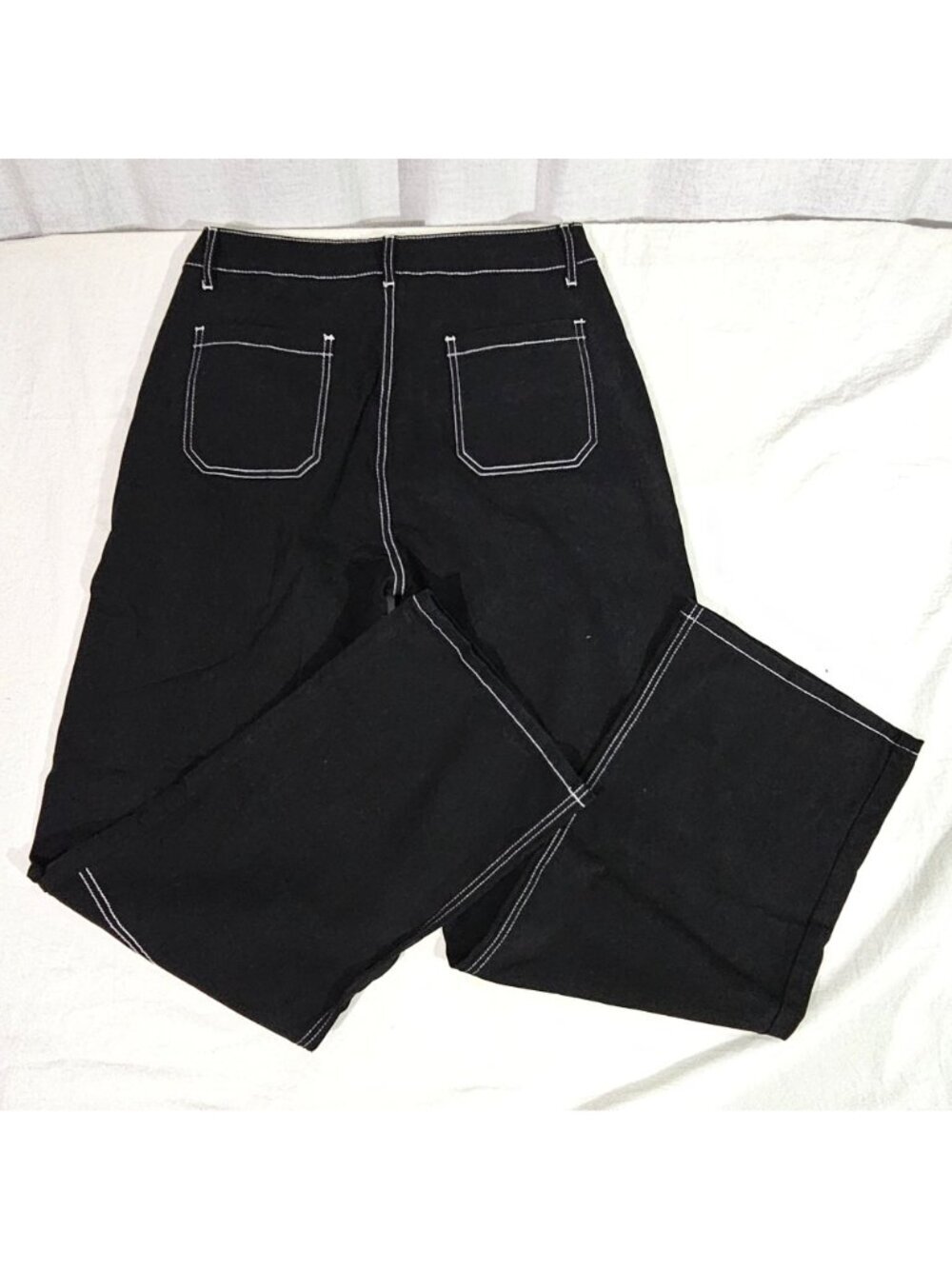 Black Wide-Leg Pants White Contrast Stitching High Rise Pockets Unbranded Size L - Picture 4 of 5